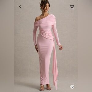 Club L London Valina Pink Ruched asymmetric maxi dress with drape